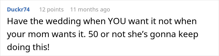 A comment urges the daughter to prioritize her wedding plans over her mom's birthday celebration wishes. A comment urges the daughter to prioritize her wedding plans over her mom's birthday celebration wishes.