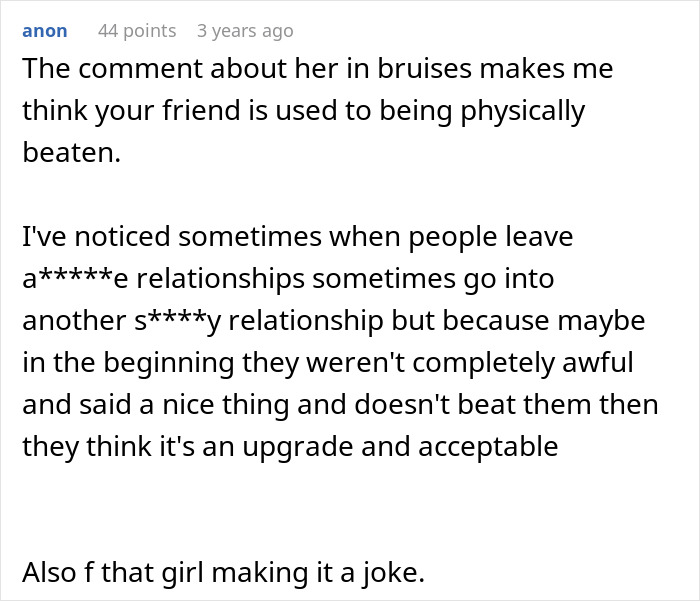 A comment discussing the dynamics of a*****e relationships and the bride's situation at the wedding.