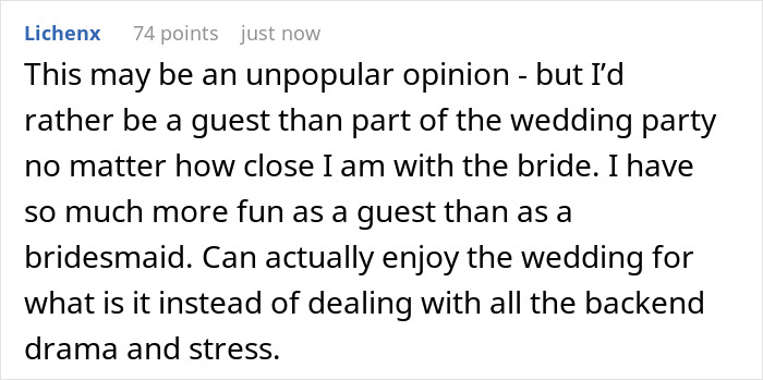 A comment suggests being a wedding guest is better than a bridesmaid, avoiding friendship drama.
