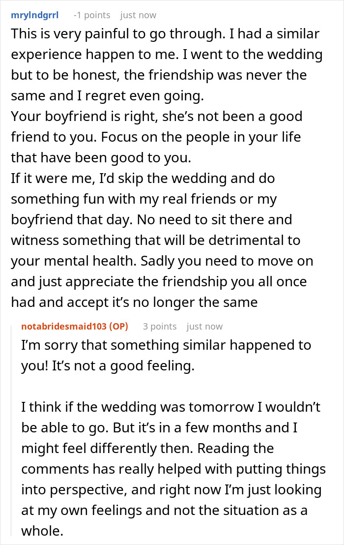 A screenshot of a Reddit comment sharing a similar experience of a friendship running its course after not being made a bridesmaid.