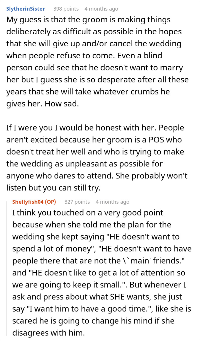 Comment discussing groom's negative impact on wedding excitement Comment discussing groom's negative impact on wedding excitement