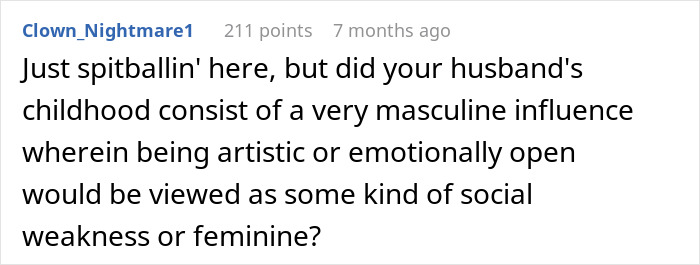 Screenshot of a comment questioning if a husband's childhood influenced his double life.