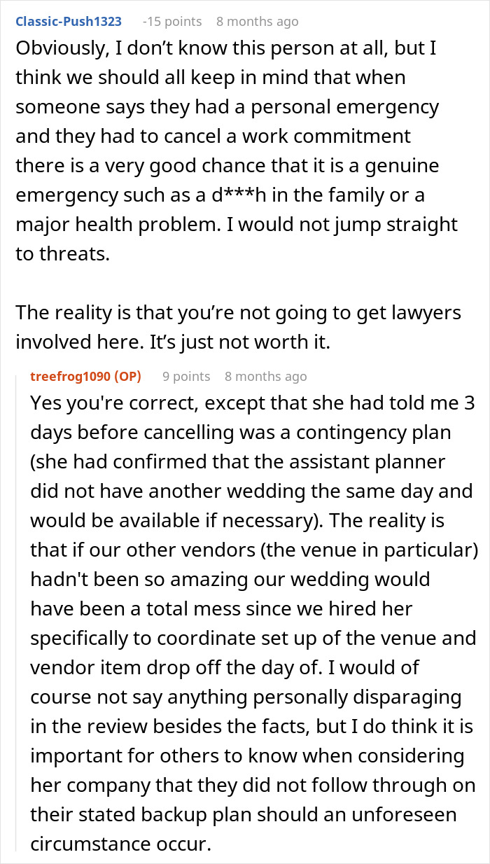 Discussion on personal emergencies and backup plans in wedding coordination