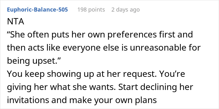 A comment discussing the mom's behavior of hijacking aunt's birthday plans and acting unreasonably. A comment discussing the mom's behavior of hijacking aunt's birthday plans and acting unreasonably.