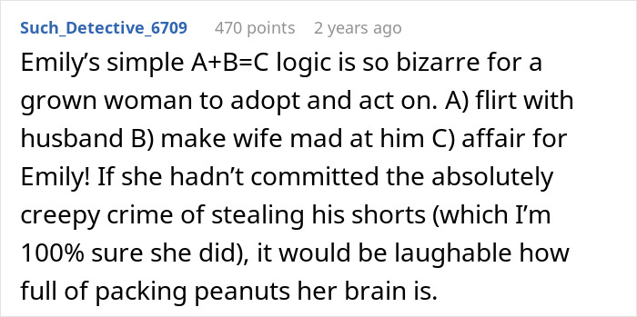A comment about a creepy friend's bizarre logic to flirt with hubby and steal him away.