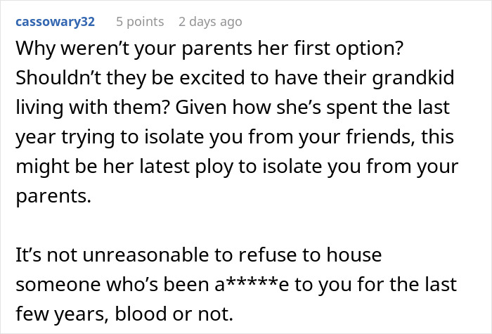 Comment discussing refusal to house sister due to past betrayal