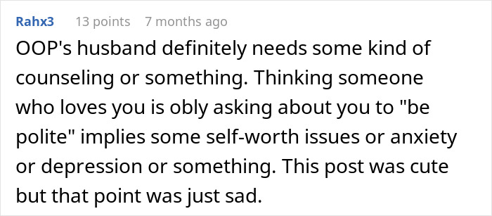 A Reddit comment suggests counseling for a husband who thinks love is politeness, indicating self-worth issues in a double life scenario.