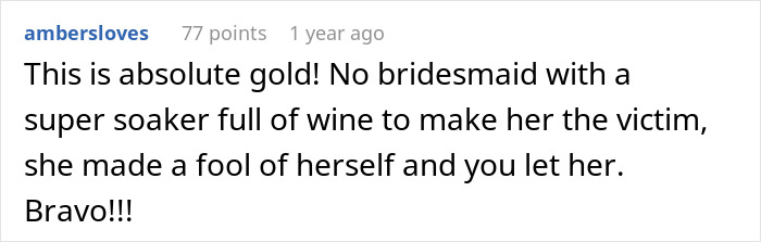 A comment commending the bride's clever handling of her MIL showing up to the son's wedding in white.