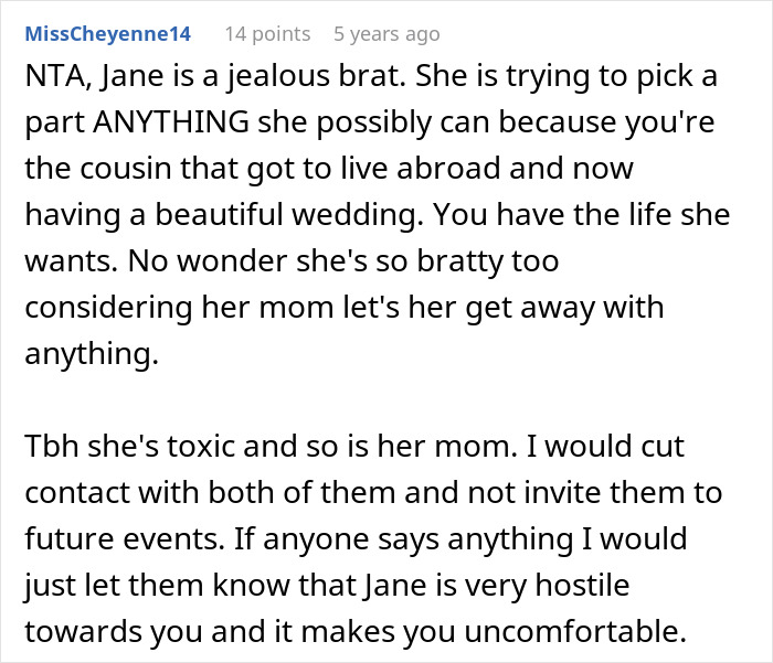 Comment describing jealous brat cousin in poor cousin story Comment describing jealous brat cousin in poor cousin story