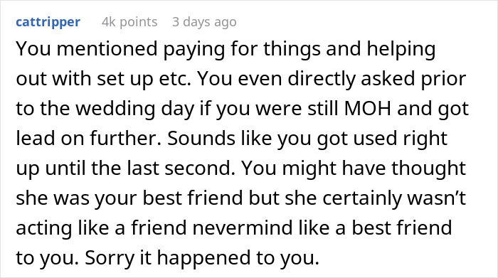 Comment on feeling used and mistreated as maid of honor