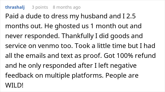 User describing experience of getting 100 percent refund after wedding coordinator ghosted