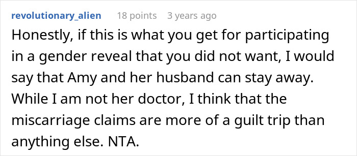Comment advising to avoid gender reveal participation and mentioning miscarriage claims Comment advising to avoid gender reveal participation and mentioning miscarriage claims