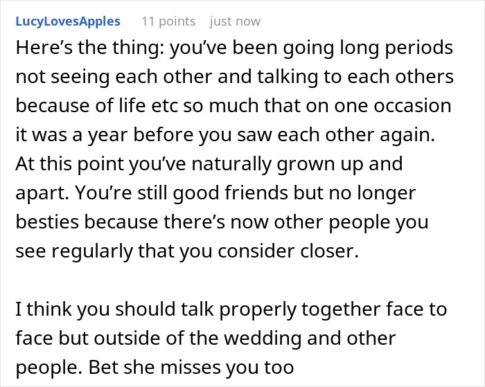 A screenshot of a comment suggesting the friendship has grown apart, reflecting on being made a bridesmaid.