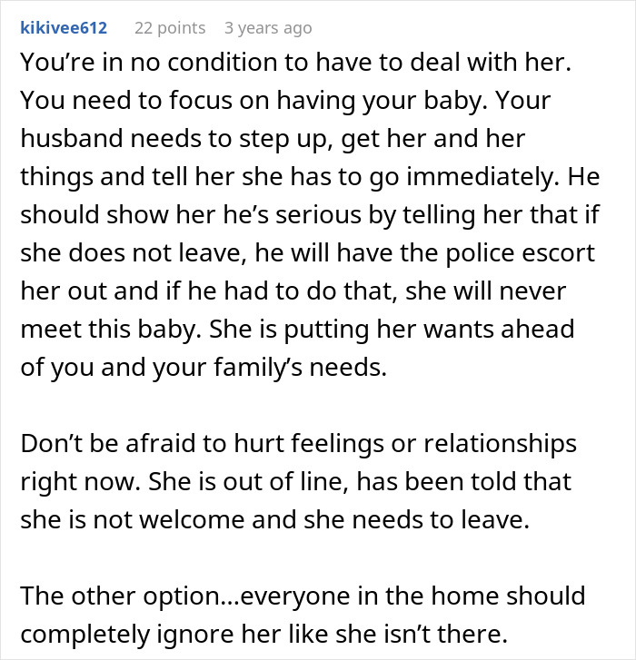 A lengthy comment advises the husband to remove his mother-in-law, even with police, during the pregnant woman's contractions.
