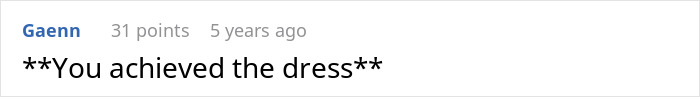 Comment congratulating on achieving the dress in wedding dress story