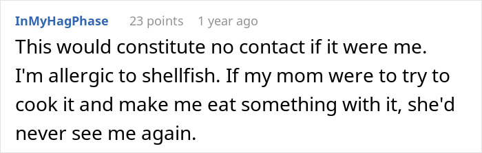 A comment from a user describing how they would react if their mom tricked them into eating food they were allergic to, related to the gluten-free incident.