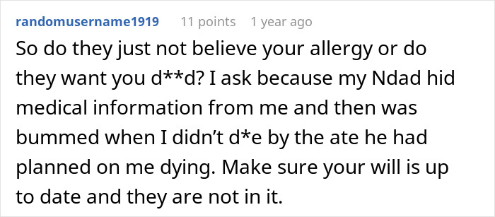 A comment questioning if the mom wants her daughter d**d by tricking her into eating gluten free food and advising on a will.
