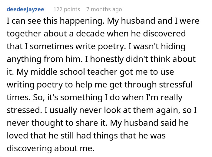 A comment detailing a husband discovering his wife's hidden poetry, finding joy in things he was still discovering about her, contrasting with the husband living a double life.