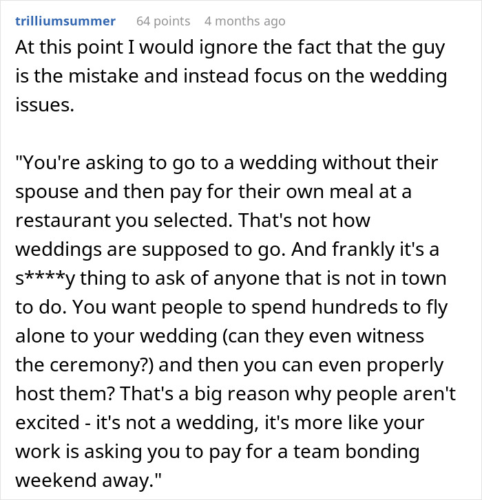 Comment highlighting wedding issues and guest expenses affecting excitement and attendance Comment highlighting wedding issues and guest expenses affecting excitement and attendance