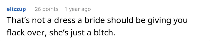 A comment calling the bride a b!tch for giving flack over the dress. A comment calling the bride a b!tch for giving flack over the dress.