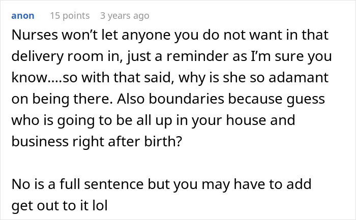 Pregnant woman having contractions: MIL refuses to leave. A comment explains nurses won't allow MIL in delivery room.