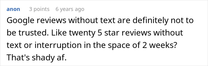 A comment about a restaurant scam, warning that Google reviews without text are not to be trusted.