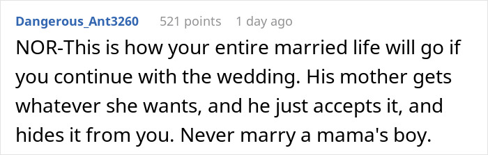 Comment warning about married life with controlling mother-in-law before wedding