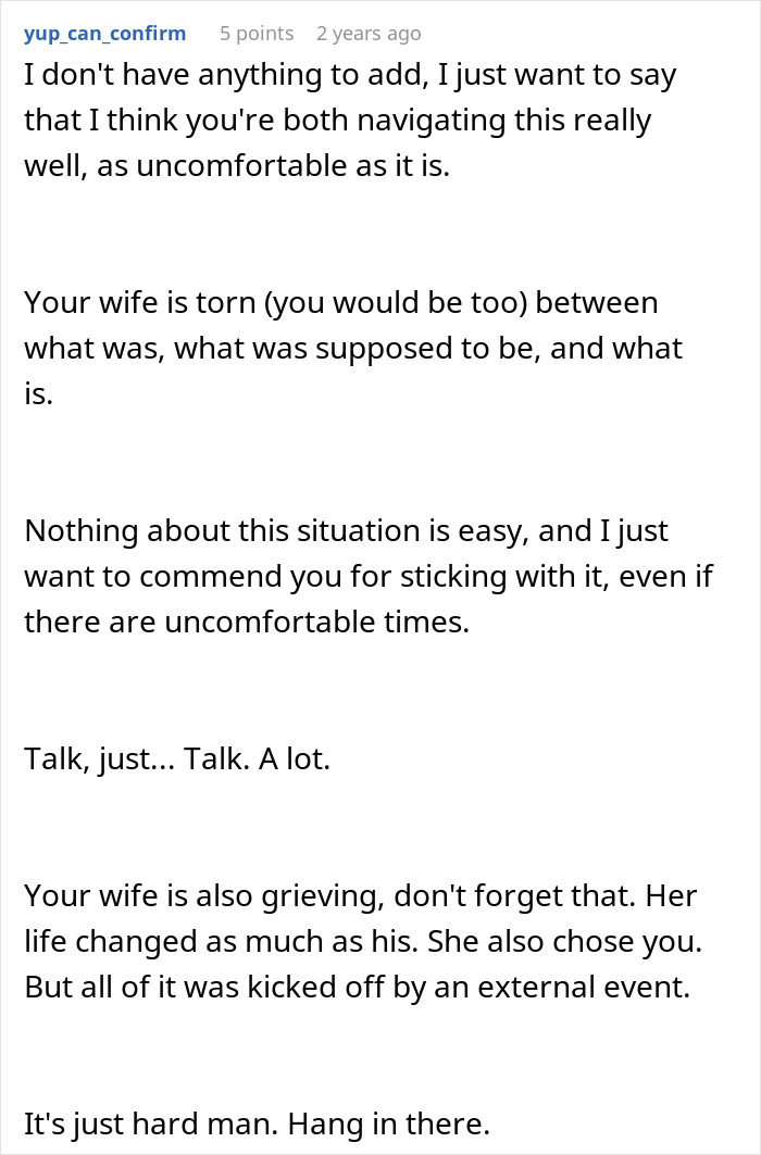 A Reddit comment commending the individual for navigating the uncomfortable situation after the husband's accident and encouraging communication.