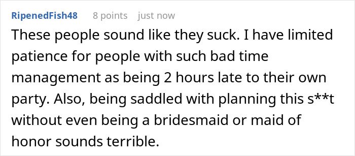 A screenshot of a Reddit comment criticizing the poor time management and planning issues for the bachelorette party. A screenshot of a Reddit comment criticizing the poor time management and planning issues for the bachelorette party.