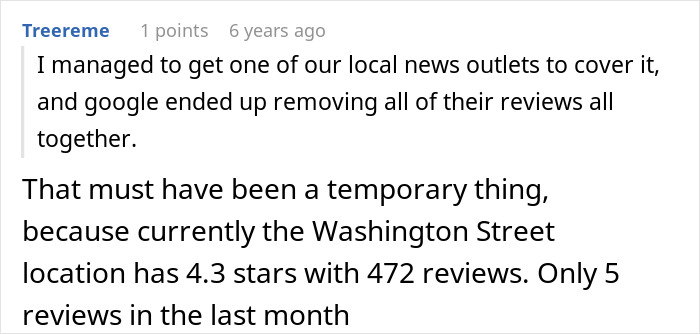 Screenshot of a Reddit comment by Treereme discussing news coverage and review removal for a restaurant scam, noting current ratings.