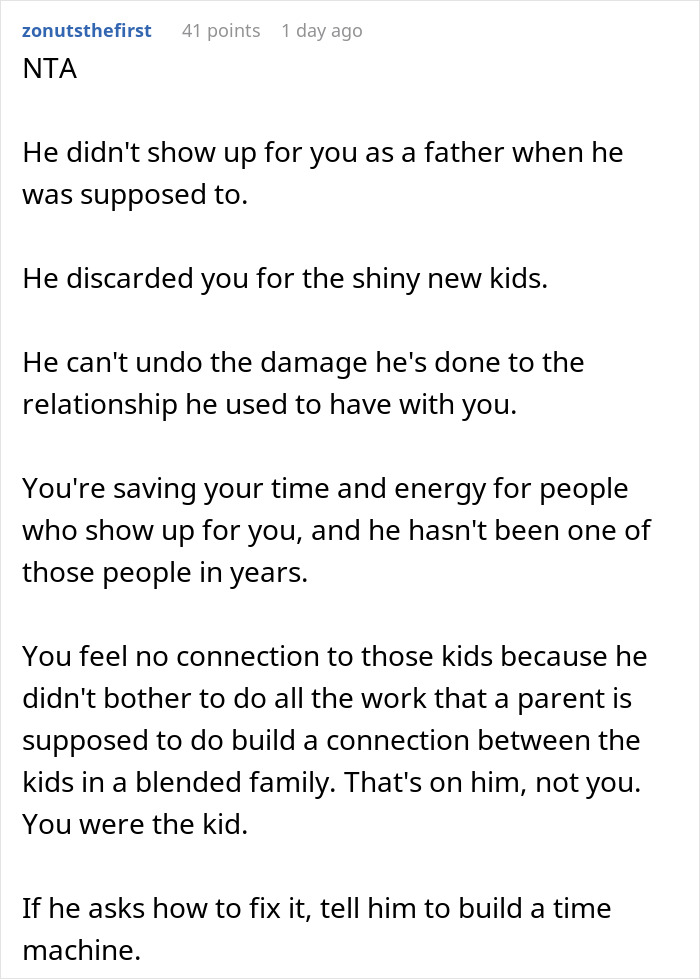 Screenshot of online discussion: User supports daughter for not connecting with stepkids and estranged father. Screenshot of online discussion: User supports daughter for not connecting with stepkids and estranged father.