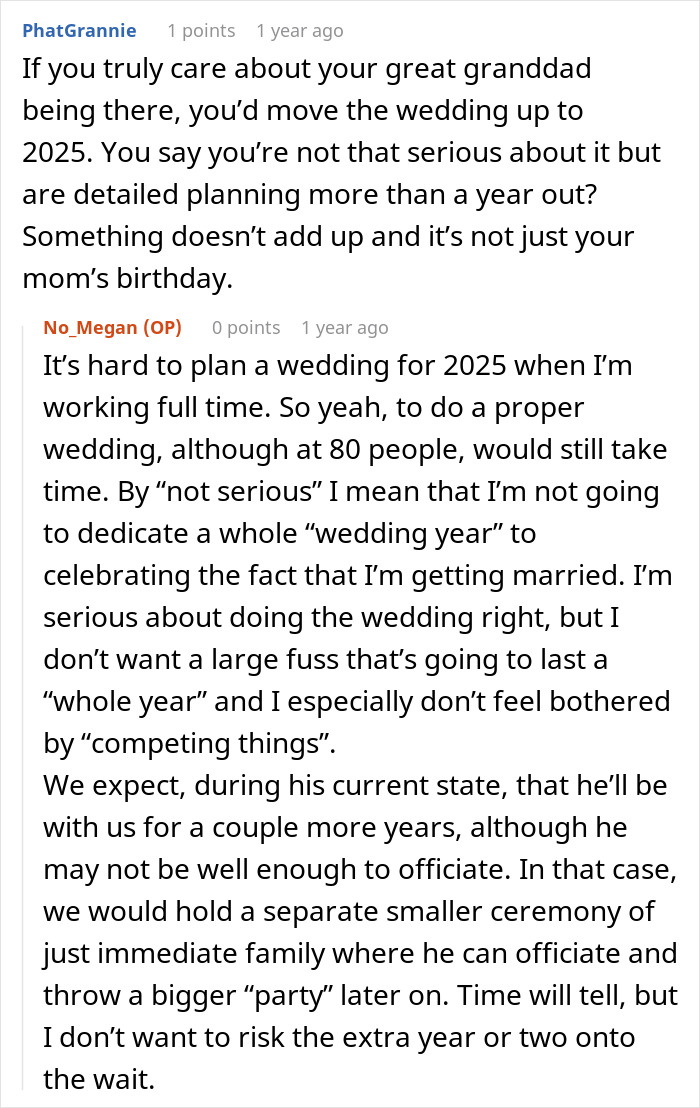 A daughter explains her wedding plans and why she cannot wait a whole year for her mom's birthday celebration. A daughter explains her wedding plans and why she cannot wait a whole year for her mom's birthday celebration.