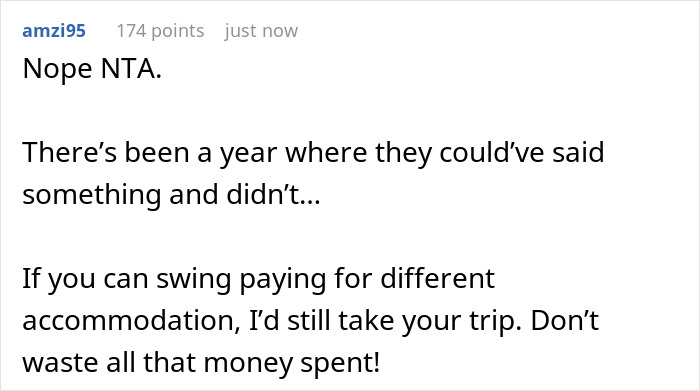 A screenshot of a Reddit comment about PTO and travel for a destination wedding, suggesting to take the trip. A screenshot of a Reddit comment about PTO and travel for a destination wedding, suggesting to take the trip.