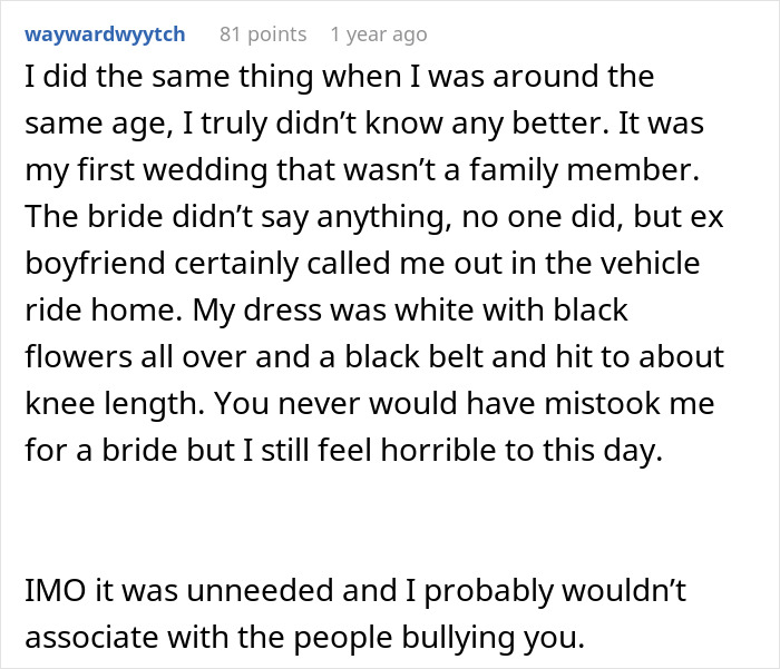 A screenshot showing comments about wedding attire mistakes, specifically someone sharing their black and white wedding guest dress. A screenshot showing comments about wedding attire mistakes, specifically someone sharing their black and white wedding guest dress.