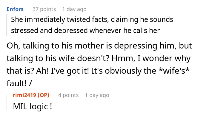 Comment on MIL logic blaming wife for son's depression about calls Comment on MIL logic blaming wife for son's depression about calls