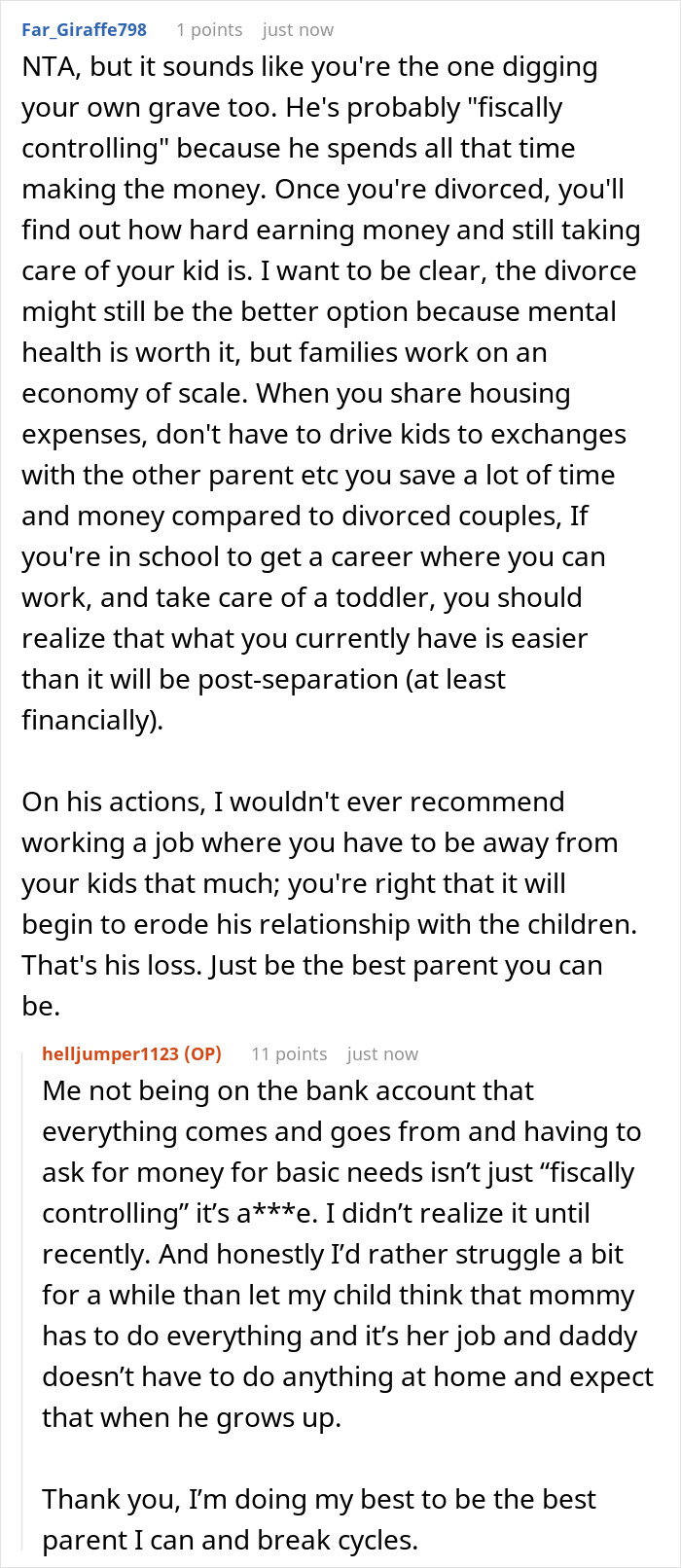 Commentary on financial control and parenting struggles in marriage