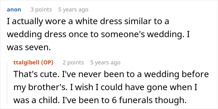 User shares childhood experience with white dress at a wedding event User shares childhood experience with white dress at a wedding event