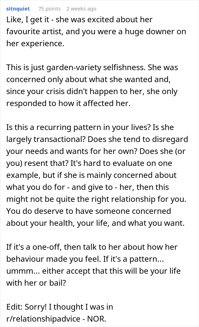 A comment on a man wanting to go home after fainting at a concert, while his fiancée wanted to stay. A comment on a man wanting to go home after fainting at a concert, while his fiancée wanted to stay.