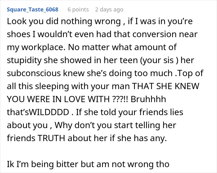 Reaction expressing hurt over sister's betrayal and relationship advice