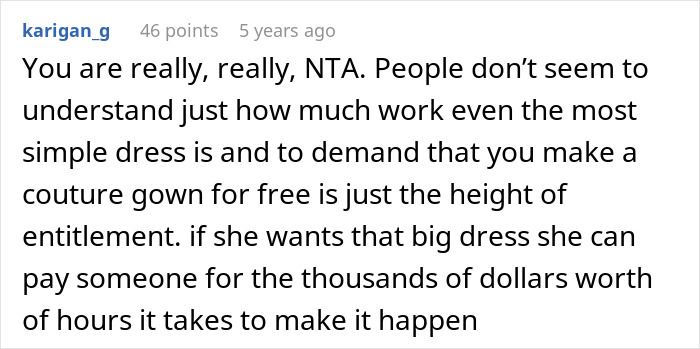 Comment explains high effort and cost of making an elaborate wedding dress