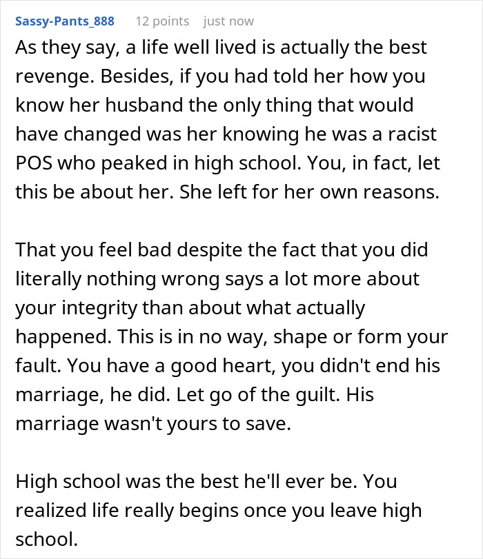 Comment encouraging letting go of guilt after revealing school bully husband truth Comment encouraging letting go of guilt after revealing school bully husband truth