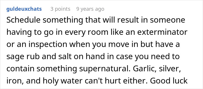 Comment advising supernatural inspection with sage, garlic, silver, and holy water for locked room Comment advising supernatural inspection with sage, garlic, silver, and holy water for locked room
