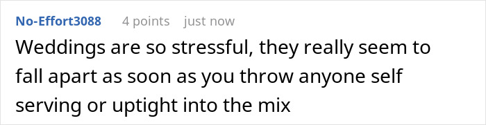 A comment about stressful weddings, family drama, and how things fall apart when self-serving people are involved. A comment about stressful weddings, family drama, and how things fall apart when self-serving people are involved.