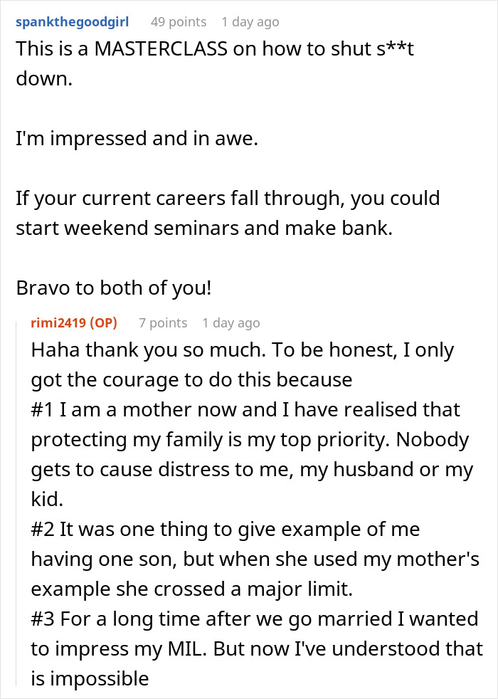 Praise for shutting down mother-in-law's controlling behavior Praise for shutting down mother-in-law's controlling behavior