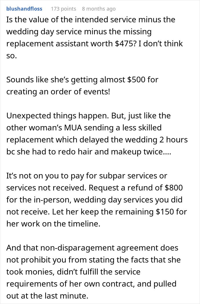 Comment on wedding coordinator overcharging for incomplete wedding day services