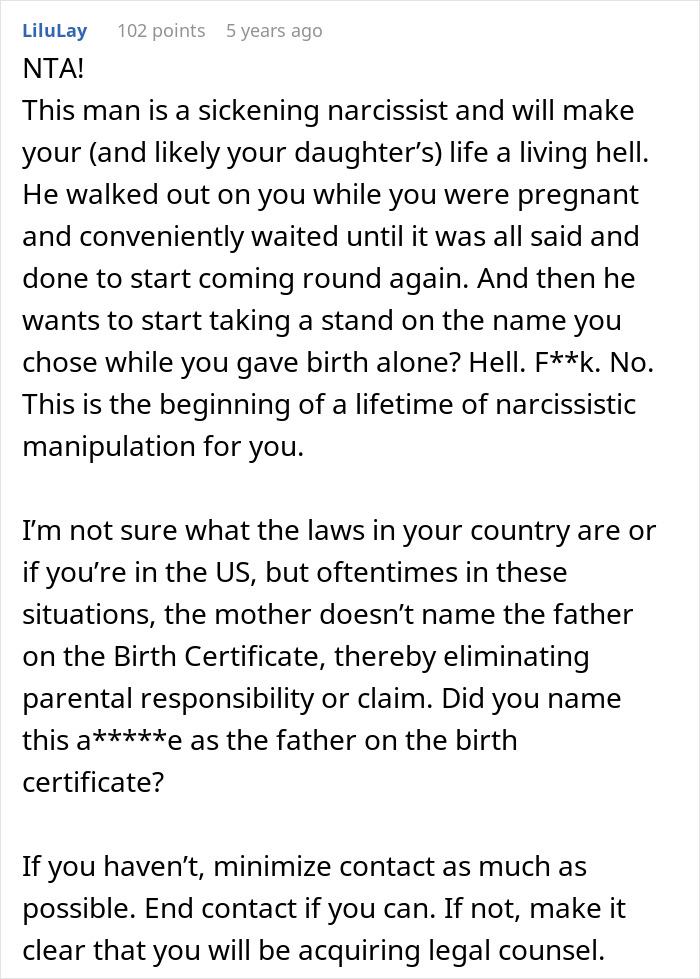 Warning about narcissistic behavior and naming rights in custody dispute Warning about narcissistic behavior and naming rights in custody dispute