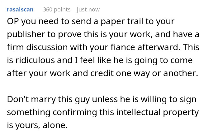 A screenshot of a comment advising the girlfriend to send a paper trail to her publisher and discuss intellectual property with her fianc&eacute; regarding her book.