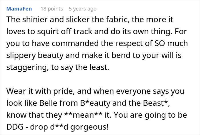 Comment praising fabric control in wedding dress story