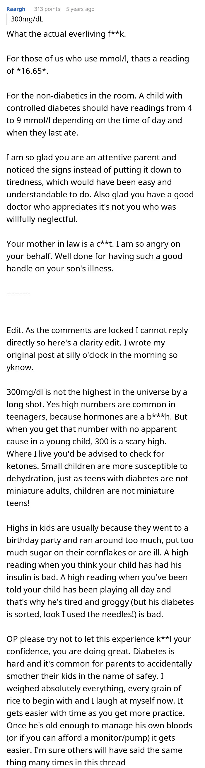 A comment expressing outrage and concern for a child with diabetes whose entitled MIL gave carbs instead of insulin.