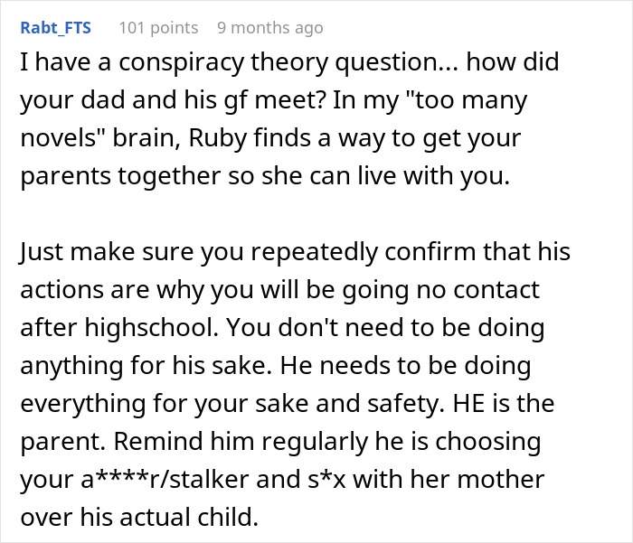 A screenshot of a Reddit comment about the dad letting his girlfriend's creepy daughter move in, harassing his teen.